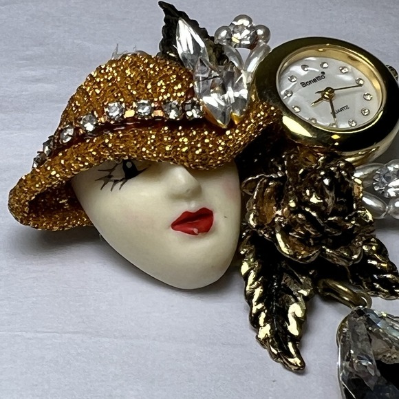 Bonetto Brooch Pin Watch Women 22mm Gold Tone Face Fashion Bling Untested 1920's - Picture 6 of 8